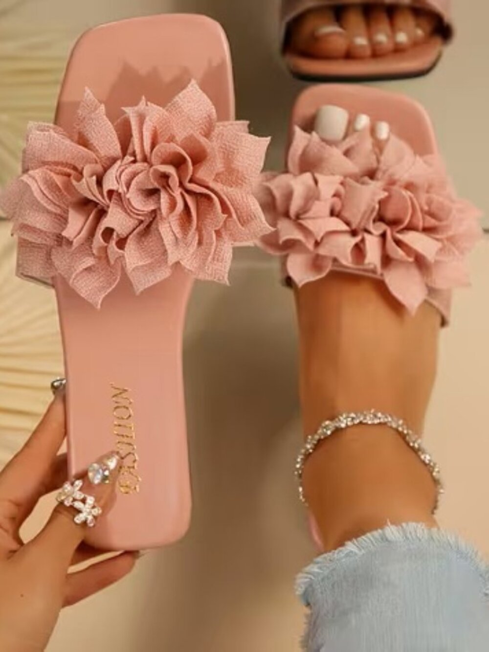 Pink Women's 3D Flower Slide Sandals Open Toe Flat